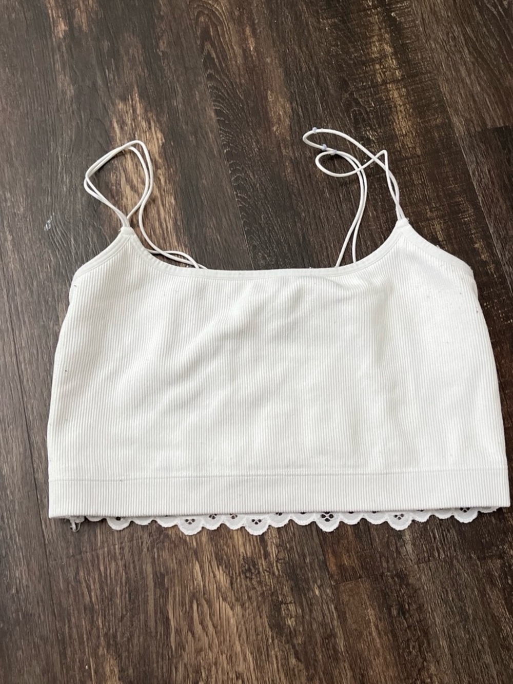 White Ribbed Lace-Trim Cami Tank Top with Spaghetti Straps
